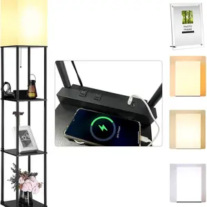 NUNET Floor Lamps with Shelves, 2AC Outlets & 2USB Ports, Soft/Cool/Daylight White Light, Acrylic Photo Frames for Living Room/Bedroom