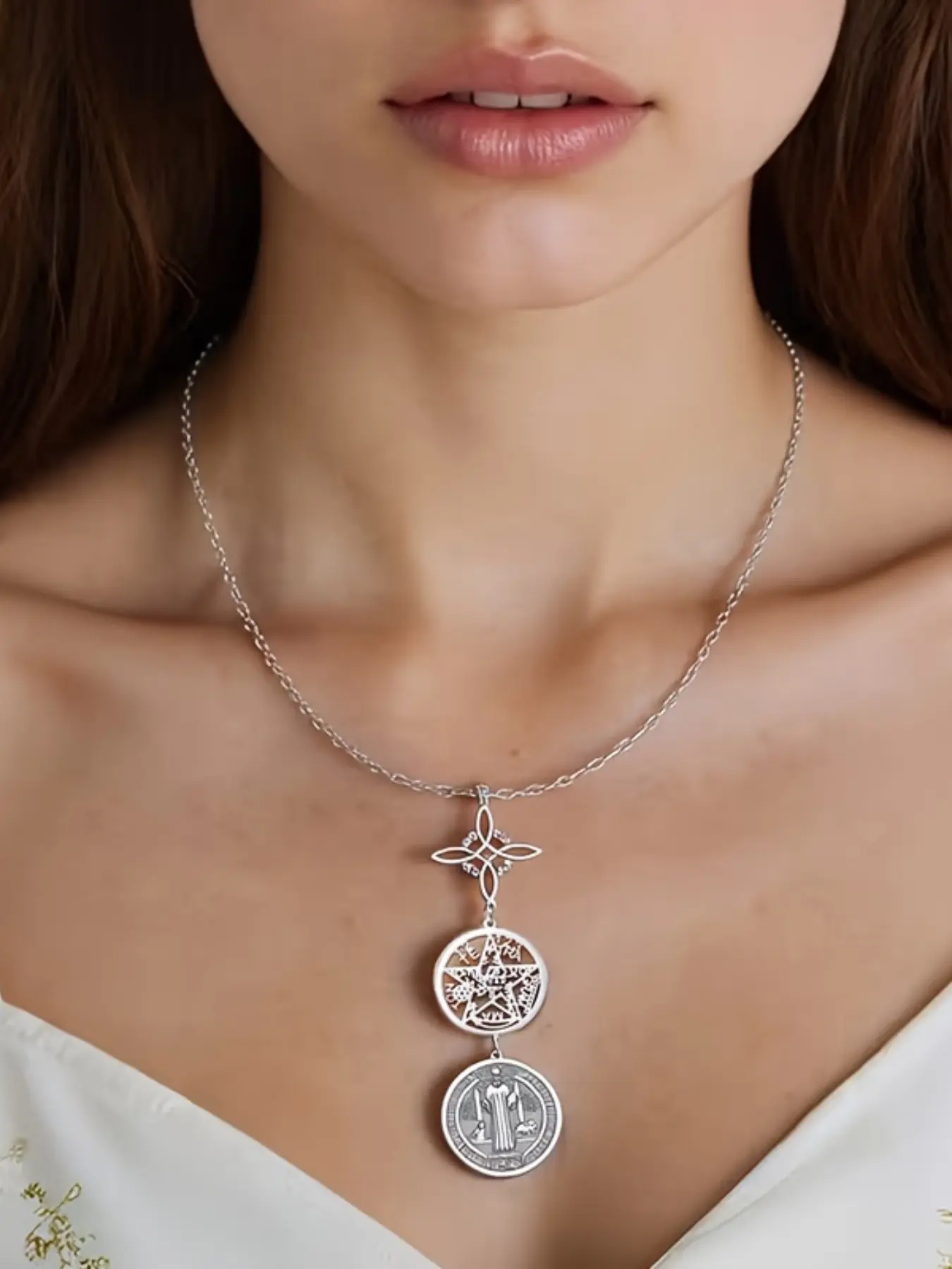 Women's Stainless Steel Necklace, Jewish Jewelry, All Seasons Usage, Triple Protection Design, Catholic & Jewish Spiritual Amulet, Heart Pendant Charm Gift