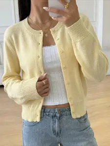 New Women's Short Regular Fit Elegant Knit Top, Long Sleeve Button Front, Casual All-Season Outerwear, Y2K Style, Festival Wear
