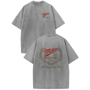 Holafish Miller High Life Champagne Beer Front And Back Graphic Print, Boutique 230g Washed Distressed Batik Thickened Cotton T-shirt, Men's Fashion Casual Cotton T-shirt, Short Sleeve Crew Neck T-shirt