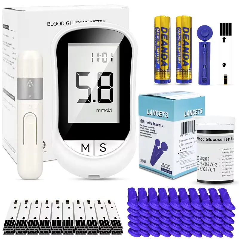 Blood Glucose Meter Kit with 50 Test Strips, 50 Lancets, Lancing Device & Batteries, 5-Second Results, Large Display, Portable Home Testing Set