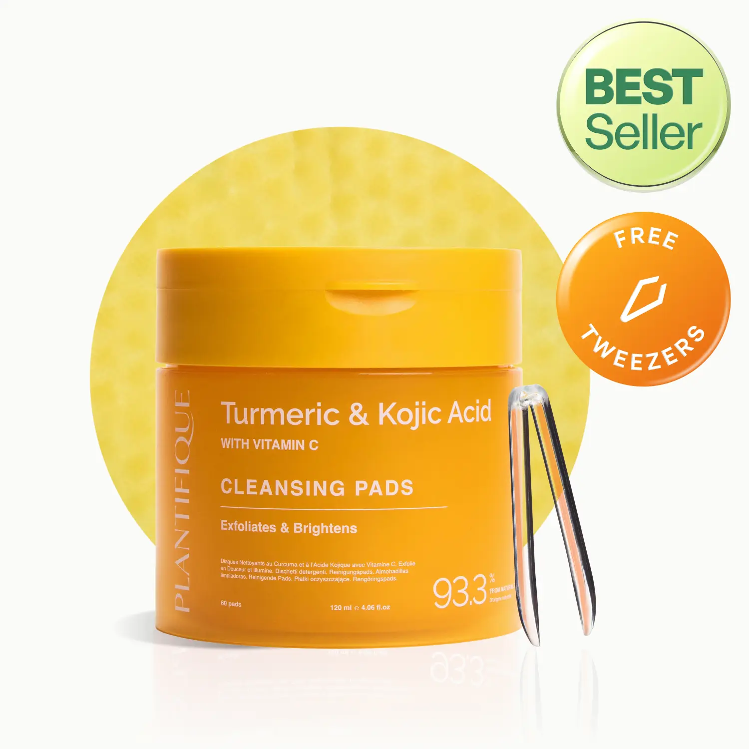 [PLANTIFIQUE Official Shop] Kojic+Turmeric Bright Cleansing Pads with Vitamin C - Gentle, Cruelty-Free, Hydrating Exfoliating Facial Cleanser for Daily Use, Radiance Boost, Hyperpigmentation Treatment (Contains Fragrance/Parfum)