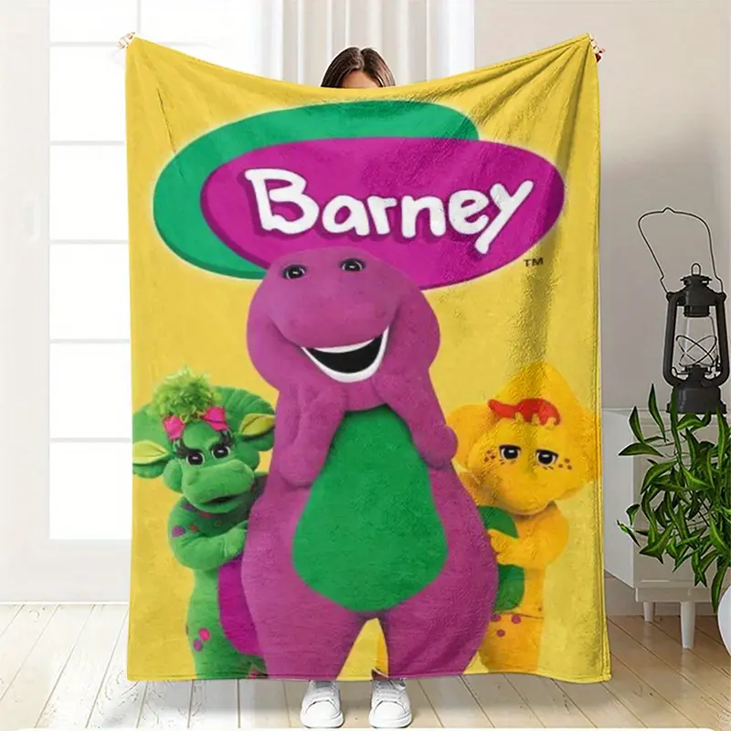 Cartoon Barney Poster Print Flannel Throw Blanket - Soft, Warm, Cozy, Breathable, Wrinkle-Resistant, Durable, Machine Washable - Ideal for Sofas, Bedrooms, Holiday & Birthday Gifts, Barney Blanket Throw