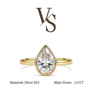[Venus Jewelry] Synthetic Moissanite 2 CCT Pear Shape Bezel Design VVS 1 D Color Solid Silver 925 Solitare Ring