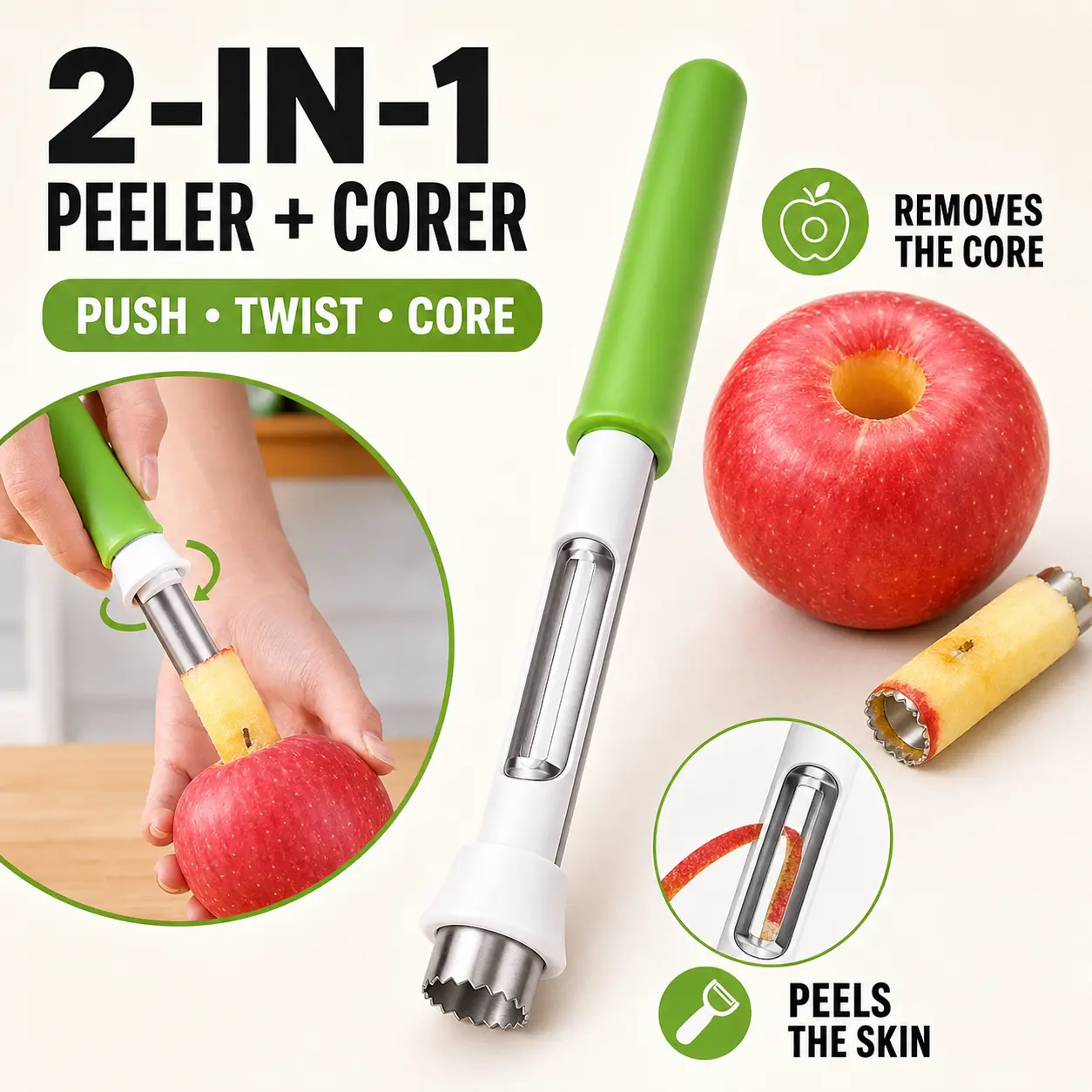 2-in-1 Fruit Peeler & Apple Corer, Stainless Steel Handheld Peeling Tool with Comfort Grip for Potatos Apples TAvocado Pears and Everyday Fruit Prep
