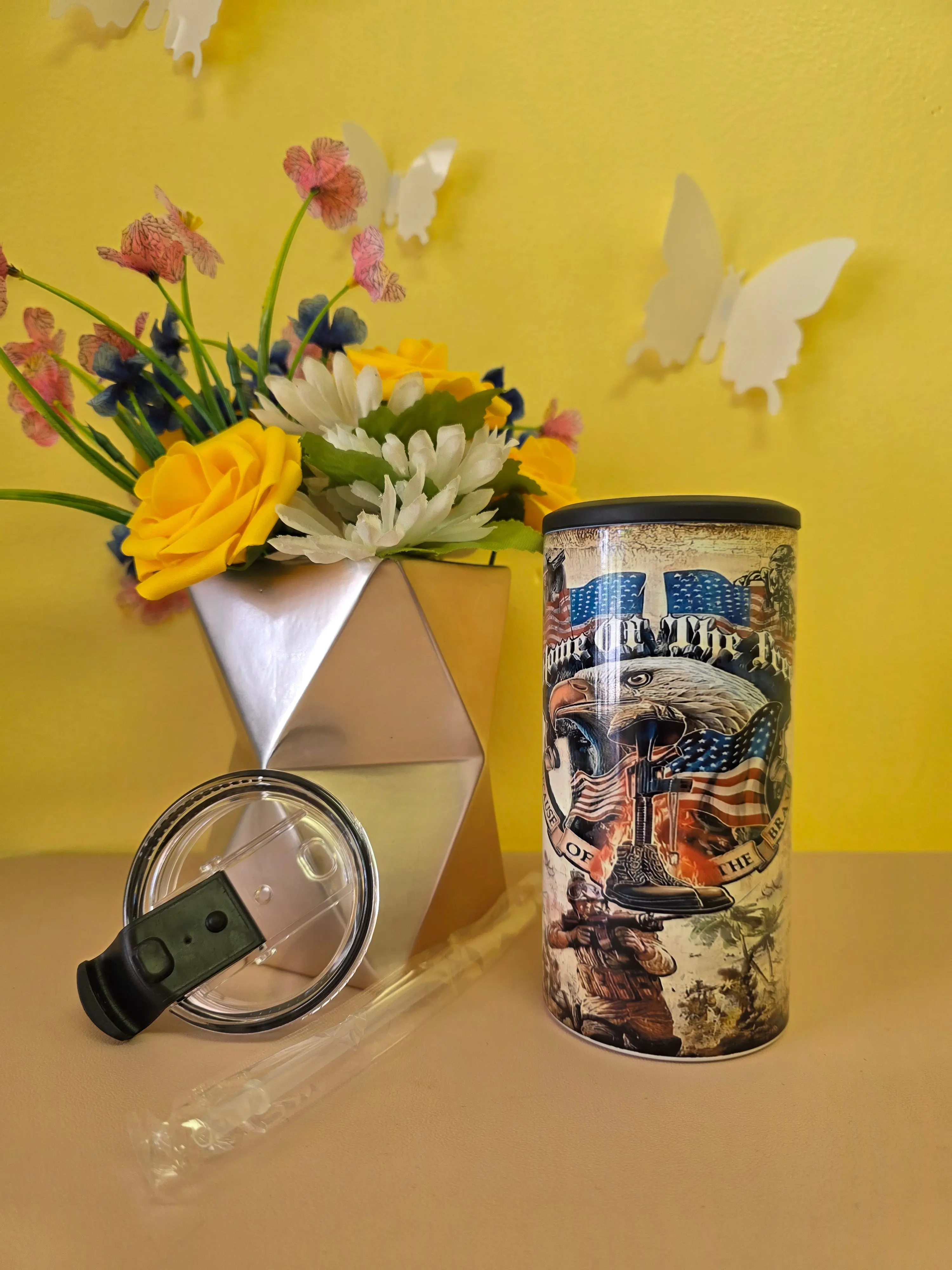Handmade 4‑in‑1 Insulated Stainless Steel Tumbler & Koozie – 14oz Can/Bottle Holder with Built‑In Bottle Opener – Veteran Military Army Design