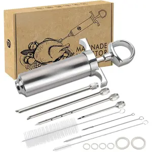 304-Stainless Steel Meat Injector Syringe Kit with 4 Marinade Needles for BBQ Grill Smoker, 2-oz Large Capacity, Both Paper User Manual and E-Book Recipe
