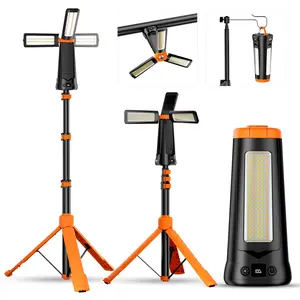 New Solar Energy Rechargeable Camping Light with Stand 7ft Max Height 15000mAh Portable Cordless LED Work Light 5500 Lumen 6500/4500/3500K Dimmable Emergency Flashlight Detachable Tripod Head Lamp