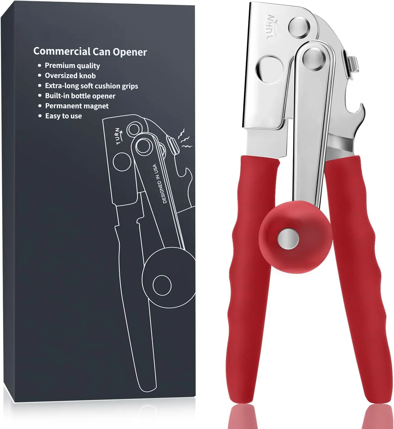 Commercial Can Opener Heavy Duty Manual Can Opener, Stainless Steel Hand Crank Can Opener with Ergonomic Easy-Turn Crank, Soft Rubber-Coated Long Handles, Oversized Knob, Magnetic Tip & Bottle Opener for Seniors,Restaurant, Home Kitchen,BBQs & Outdoor Use