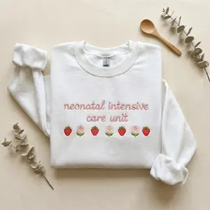 Embroidered NICU Nurse Shirt With Strawberries And Flowers Sweatshirt, Neonatal Intensive Care Unit Sweatshirt, Coquette Gift For Baby Nurses Or RNs