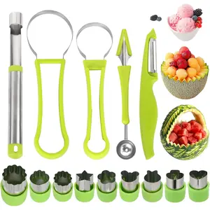 14 Pack 4 in 1 Stainless Steel Melon Baller Scoop Set Fruit Tool with Scooper Seed Remover Vegetable Cutter Peeler for Fruit Slicer and Pulp Separation