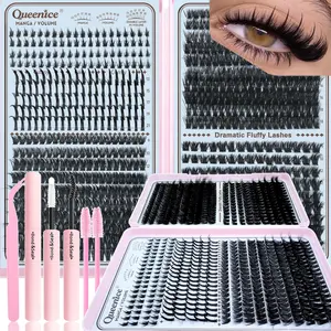 Queenice Lash Clusters Kit, Eyelash Extensions Set, 80D 100D 120D Spikes, D Curvature, Lash Bond, Eyelash Glue Tweezers, Brush, DIY at Home