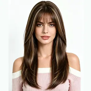 Brown Hair Blonde Highlight Ombre Mixed Color Layered Natural Straight Wigs with Bangs Medium Length 18 Inch Heat Resistant Fiber Synthetic Hair Full Head Wig for Fashion Women Ladies Daily Party Use Ready to Wear