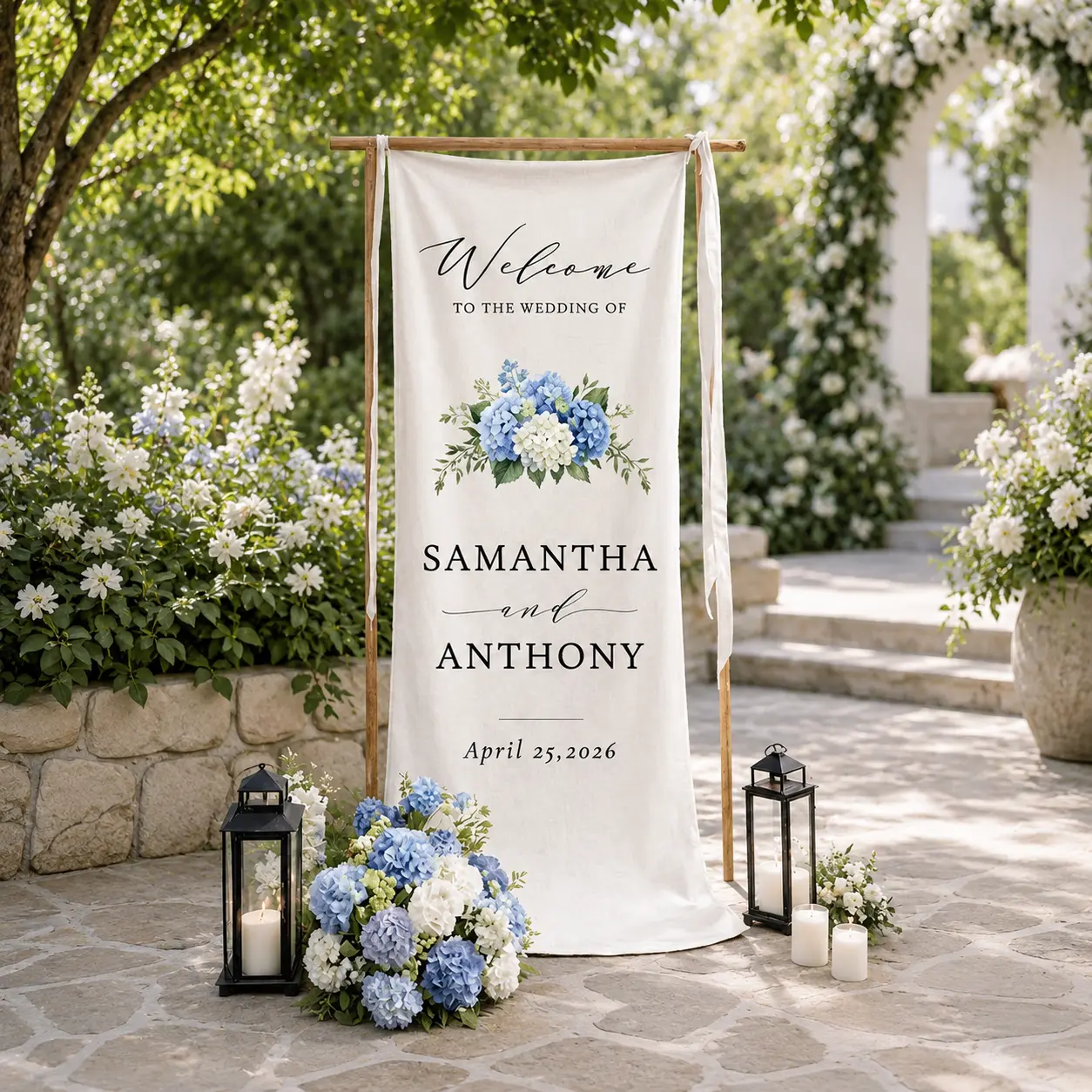 Blue Hydrangea Toile Personalized Wedding Welcome Signage Custom Linen Fabric Tapestry Floral Wedding Decor