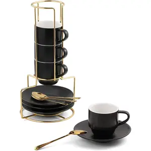 4 Ounce Espresso Cups with Saucers, Spoons and Metal Stand, Small Stackable Coffee Cups Set of 4, Ceramic Demitasse Cups for  Lungo, Double Espresso, Black