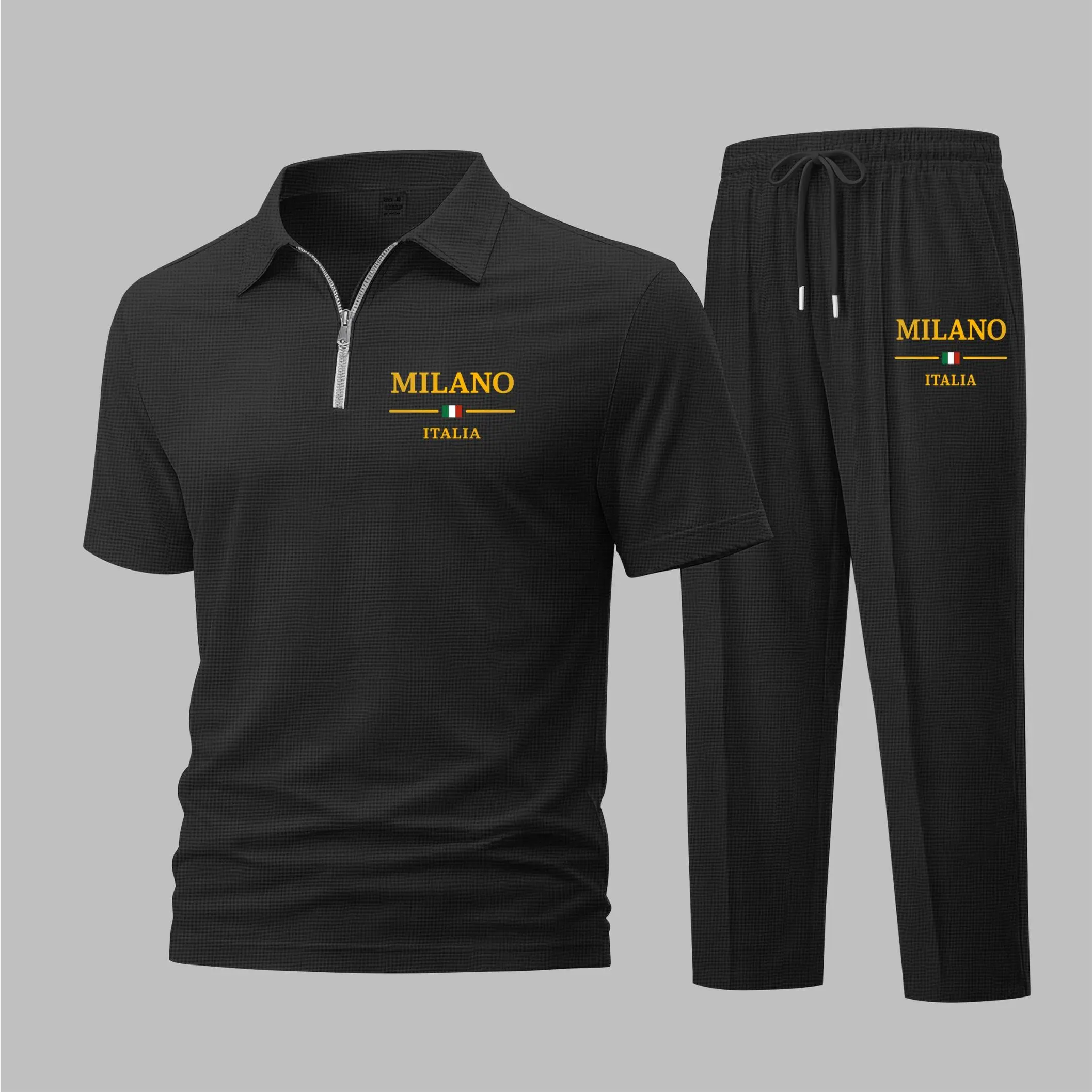 Men's MILANO ITALIA Letter Print Waffle-Knit Polo Shirt Set, Short-Sleeve Zip-Up Collar Top with Matching Athletic Trousers, Casual Sportswear Outfit