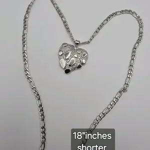 NUGGET Heart Fashion Necklace Stainless Steel Color Figaro Chain 18 Inches Shorter Length Jewelry Non Tarnish Sleek Finish
