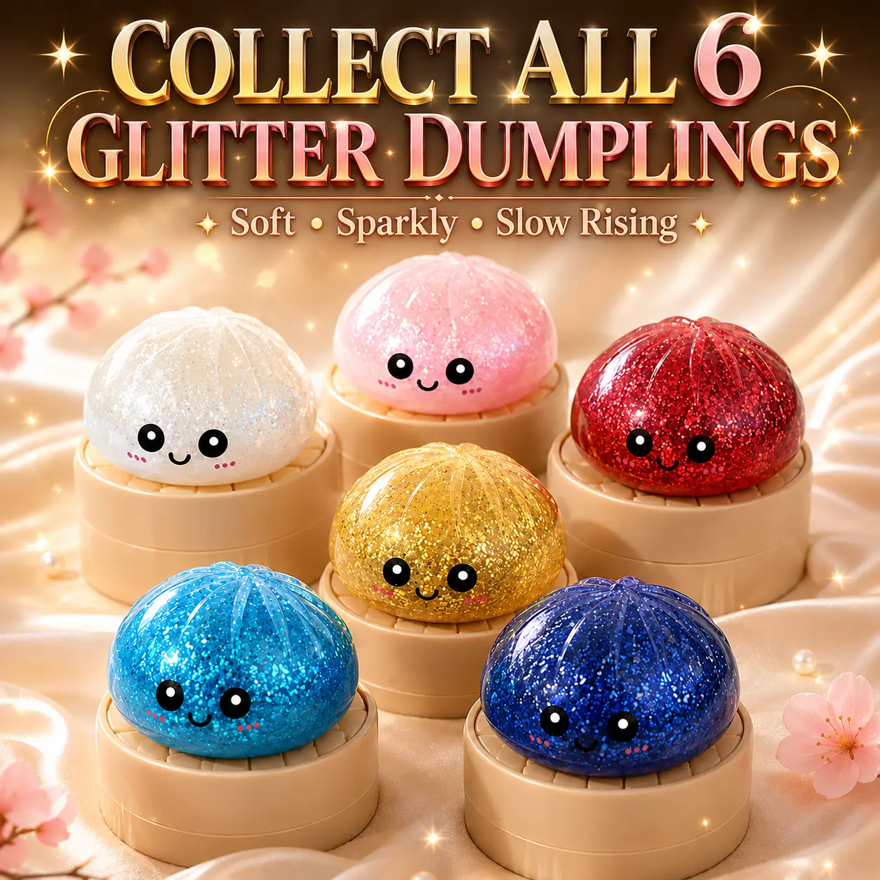 Glitter Dumplings Squishy Toy Set, Kawaii Dumpling Fidget Toys with Mini Steamer Case, Soft Slow Rising Sensory Squeeze Toy, Cute Sparkly Dumplings Desk Toy for Kids 3+, Teens, Adults, Party Favors & Gifts