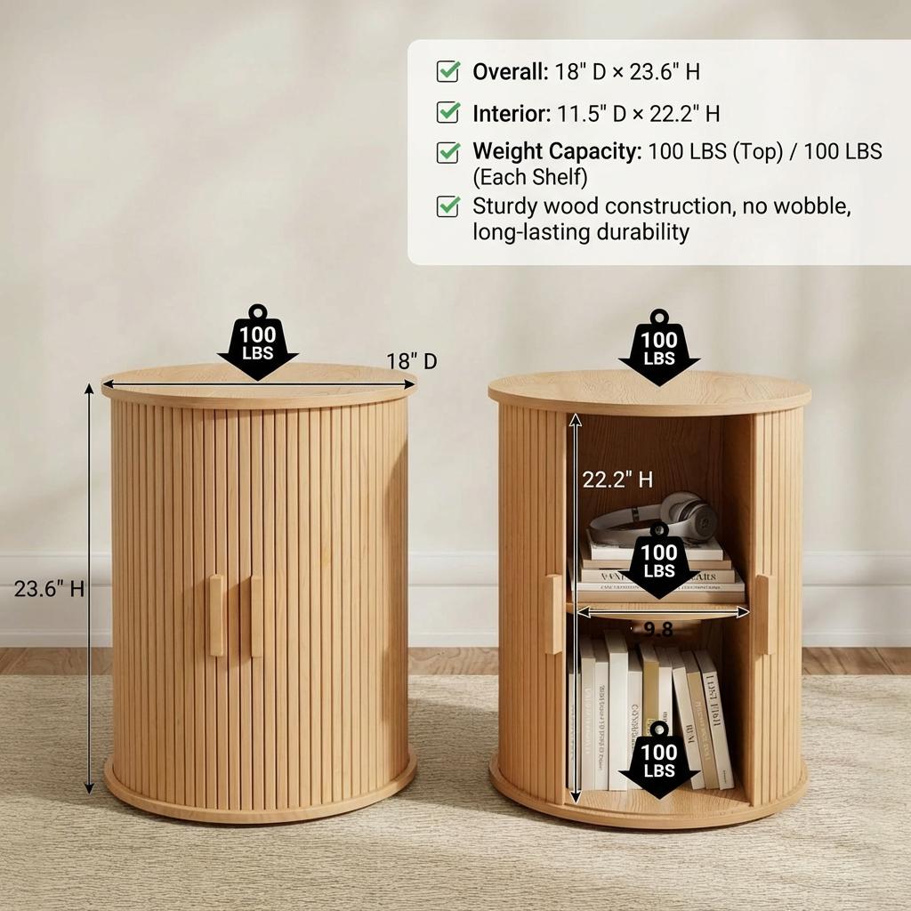 Set of 2 Round Fluted End Tables, Modern Tall Side Table with Sliding Door & Adjustable Shelf, 23.6" Bedside Nightstand for Living Room, Bedroom, Small Space, Walnut/Natural Wood