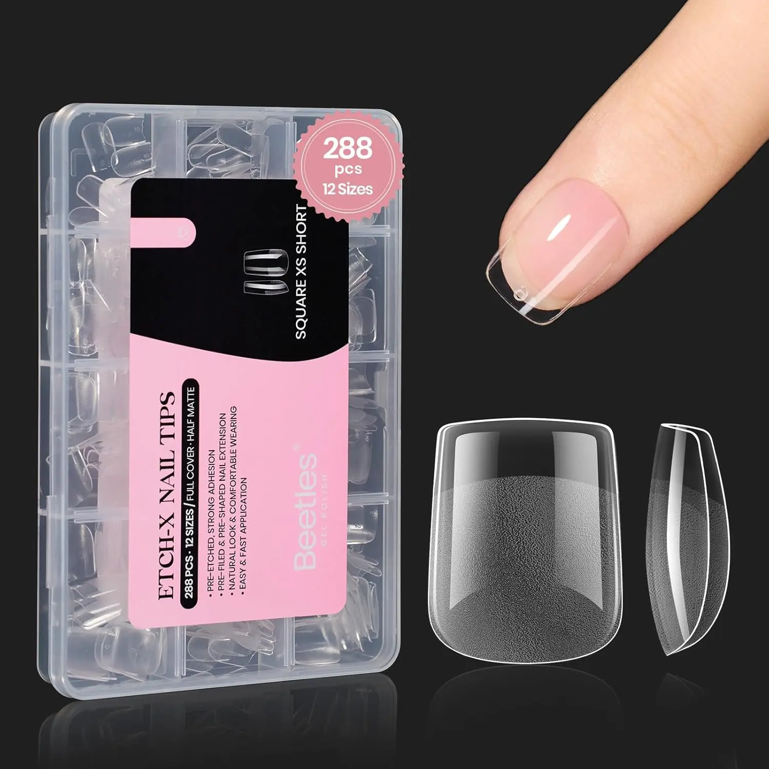 288pcs（Etch X Nail Tips) Square Extra Short 