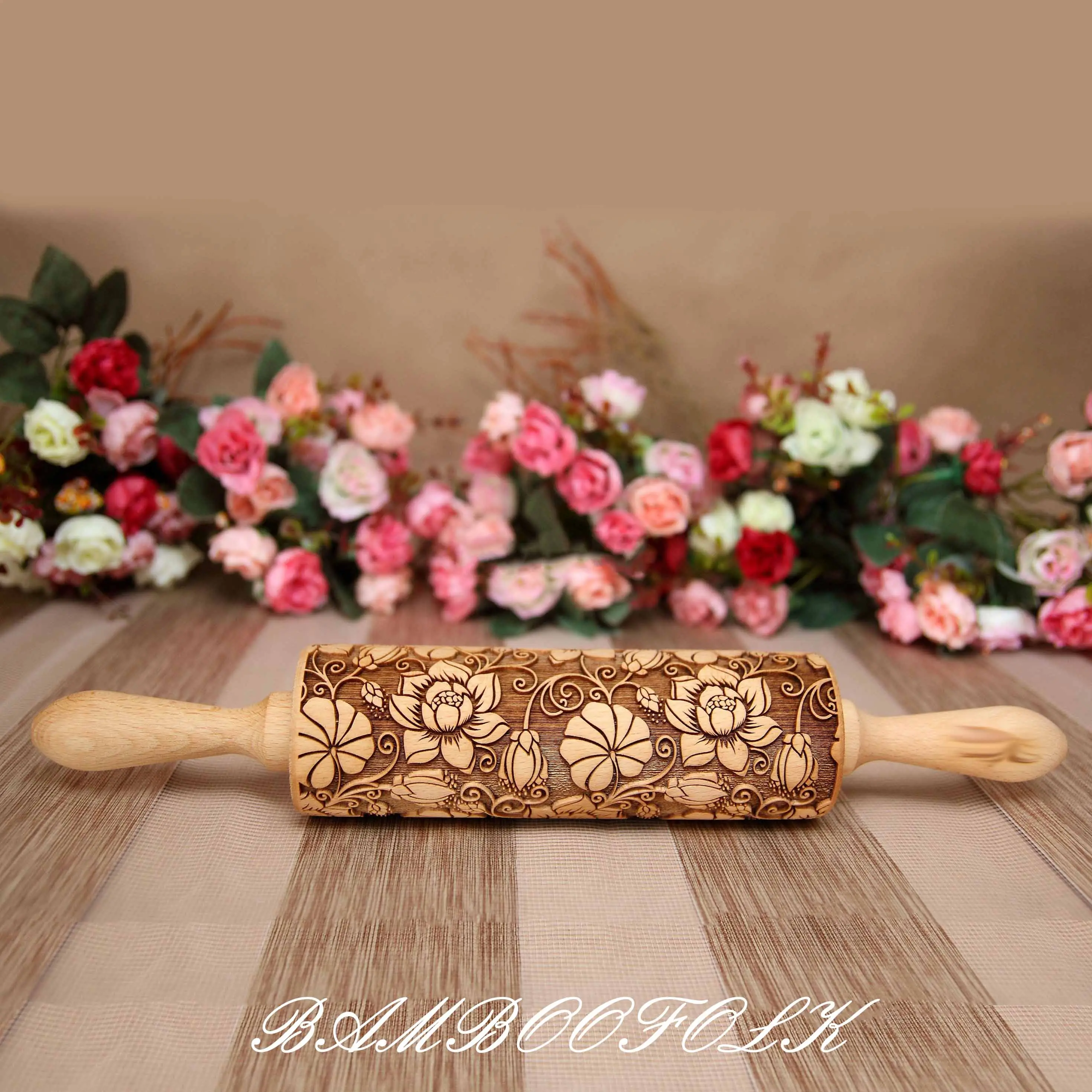 Embossing rolling pin LOTUS with Lotus flower Pattern, Dough roller for embossed cookies and Pottery, Deep Engraved Christmas Cookie Cutter For Baking Embossed Cookies, Suitable as a Christmas, Thanksgiving, Mother's Day, or party gift tiktokshopspringglo