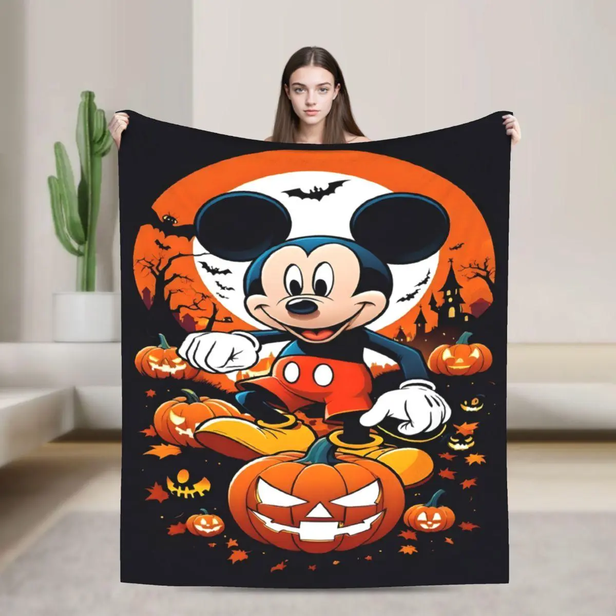 [SummerVibes] DISNEY CLASSIC Halloween Mickey Bat Pumpkin Flannel Blanket - Soft, Warm, Cartoon Design, Sofa, Bed, Office, Blanket for Couch
