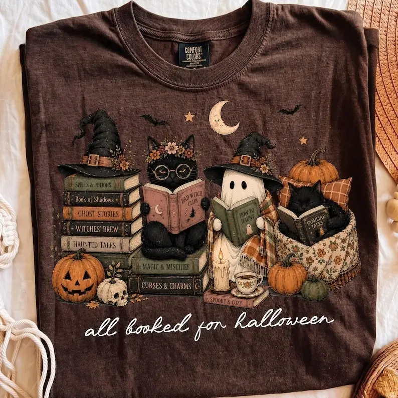 Comfort Colors All Booked For Halloween T-shirt, Spooky Book Lover Shirt Sublimation Shirt Trending Retro Halloween  Cat And Book 2026 Shirt
