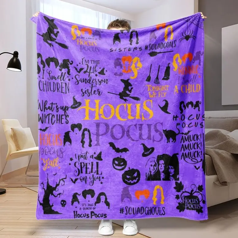 Custom Flannel Blanket Halloween Witch Print Soft Comfy Lightweight Warm Ghost Face Bed Blanket All Season Gift Home Decor Flannel Throw Blankets Summervibes