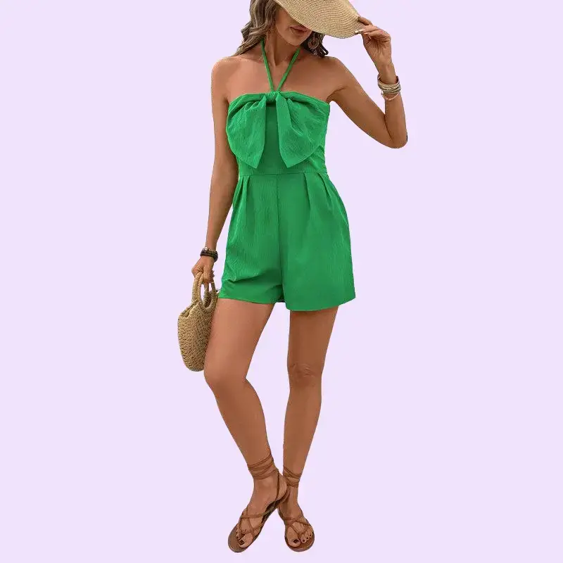Women's Bow Halter Sling Backless Short Jumpsuit, Casual 1-Piece Overall wear party beach once women Fabric Green boho romper sleeve