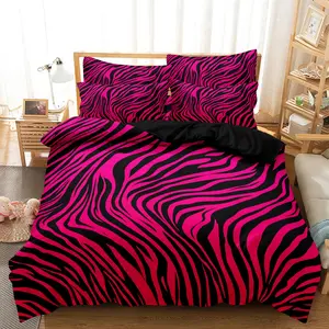 3pcs Bedding Set,Rose Red Zebra Print Leopard Print Digital Print Duvet Cover Set,Digital Print,Using A Family Hotel Dormitory (Includes 1 Duvet Cover And 2 Pillowcase,No Comforter, No Pillow)