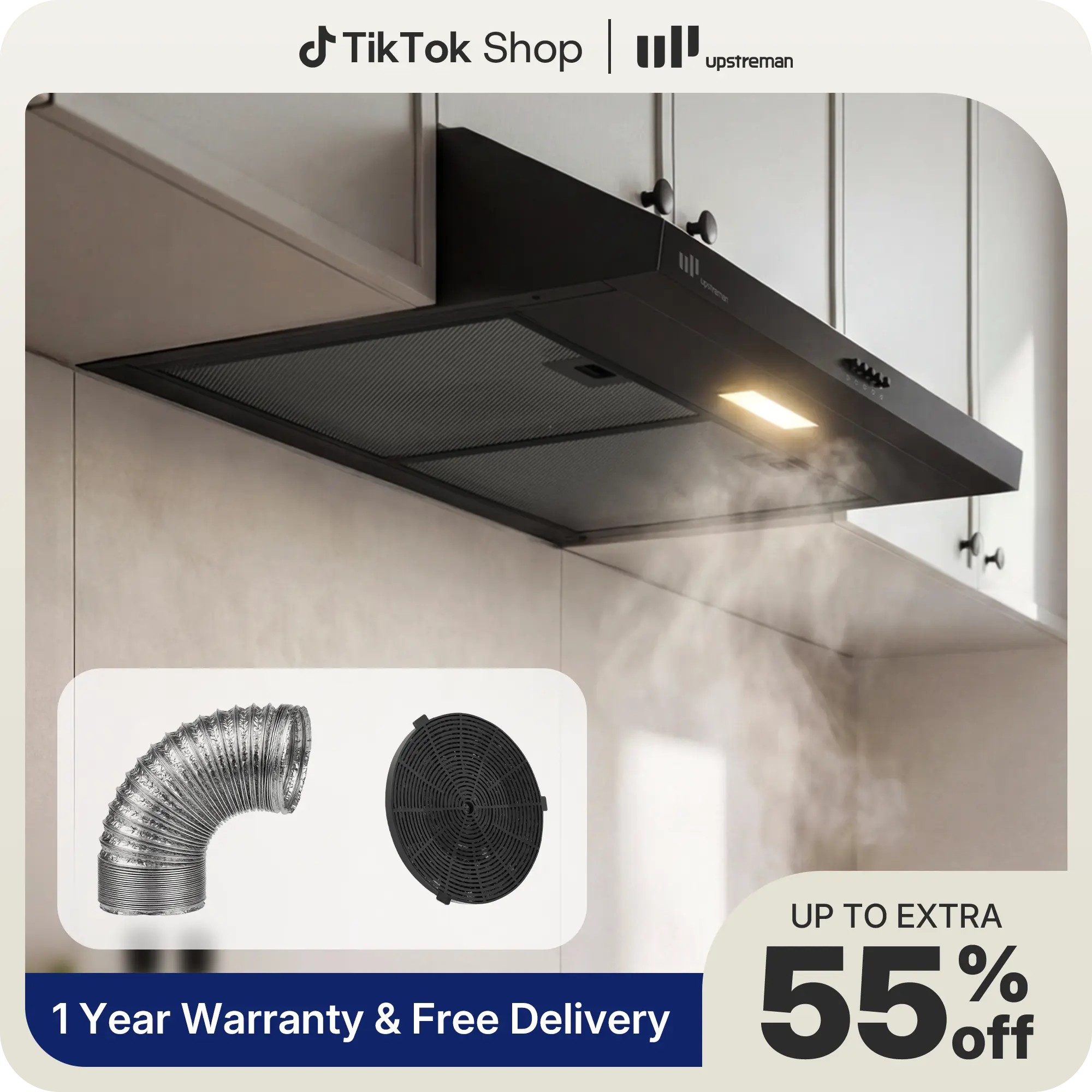 Upstreman 30-Inch Slim Durable Stainless Steel Under Cabinet Range Hood, Kitchen Appliances with 1.5W LED Lights, Button Control, 3-Speed Exhaust Fan, Ducted/Ductless Convertible, 3-Layer Aluminum Filters, Charcoal Filter, 60 Decibels, Black-HU30, Externa