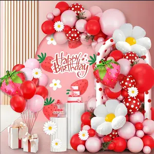 108pcs Strawberry Themed Balloon Arch Set, Balloon Decorations Kit, Balloon Arch Backdrop, Daisy and Balloons for Girls Birthday Parties, Baby Showers, One Year Celebrations