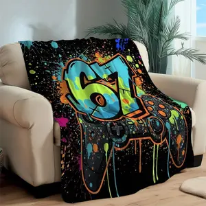2D Flat Printing 1pc Brightly Colored Graffiti-Style Handle with Numbers 67 Pattern Printed Blanket, Gamer Lover Gift, Six Seven, Flannel All Season Light Weight Living Room Bedroom Warm Throw Blanket