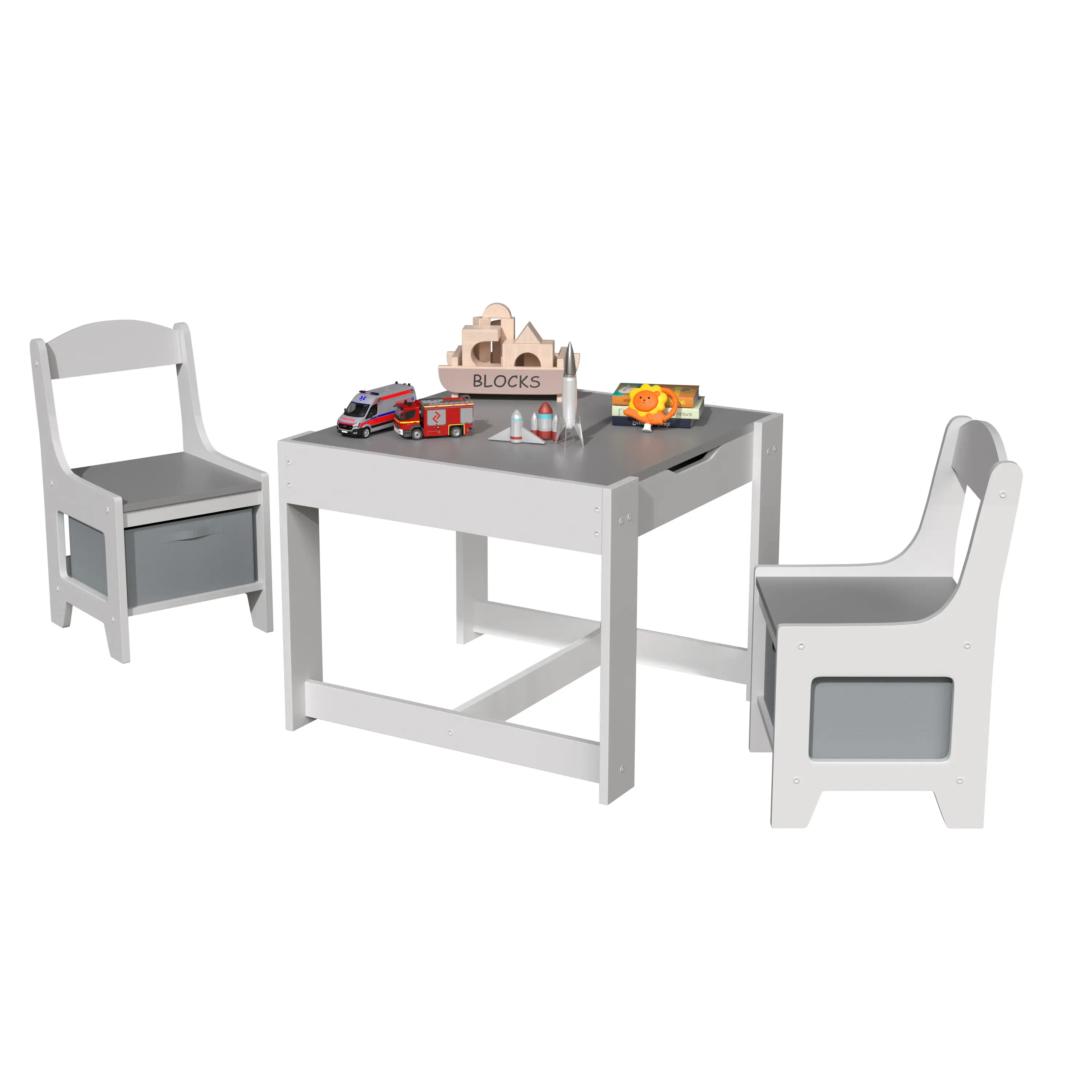 Kids Wood Table and 2 Chairs, 3 in 1 Children Toddler Furniture Set, 3-Piece Kids Activity Table with Storage, Removable Tabletop for Classroom, Bedro