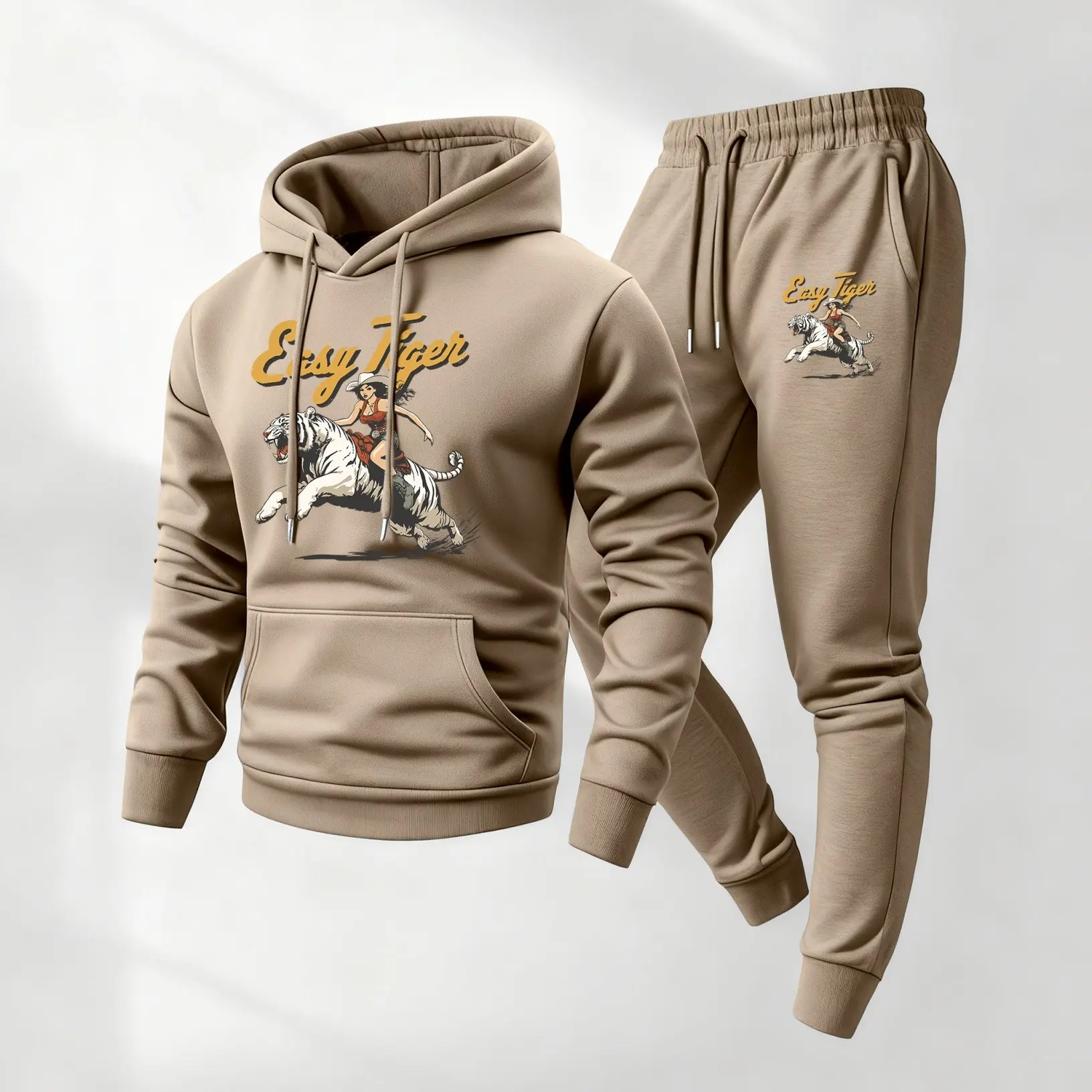 Men's Western cowboy print hooded sweatshirt and drawstring sweatpants set, men's casual sportswear, long-sleeved hooded jacket and trousers, suitable for autumn and winter wear, men's everyday casual wear, sports suit, casual athletic wear.
