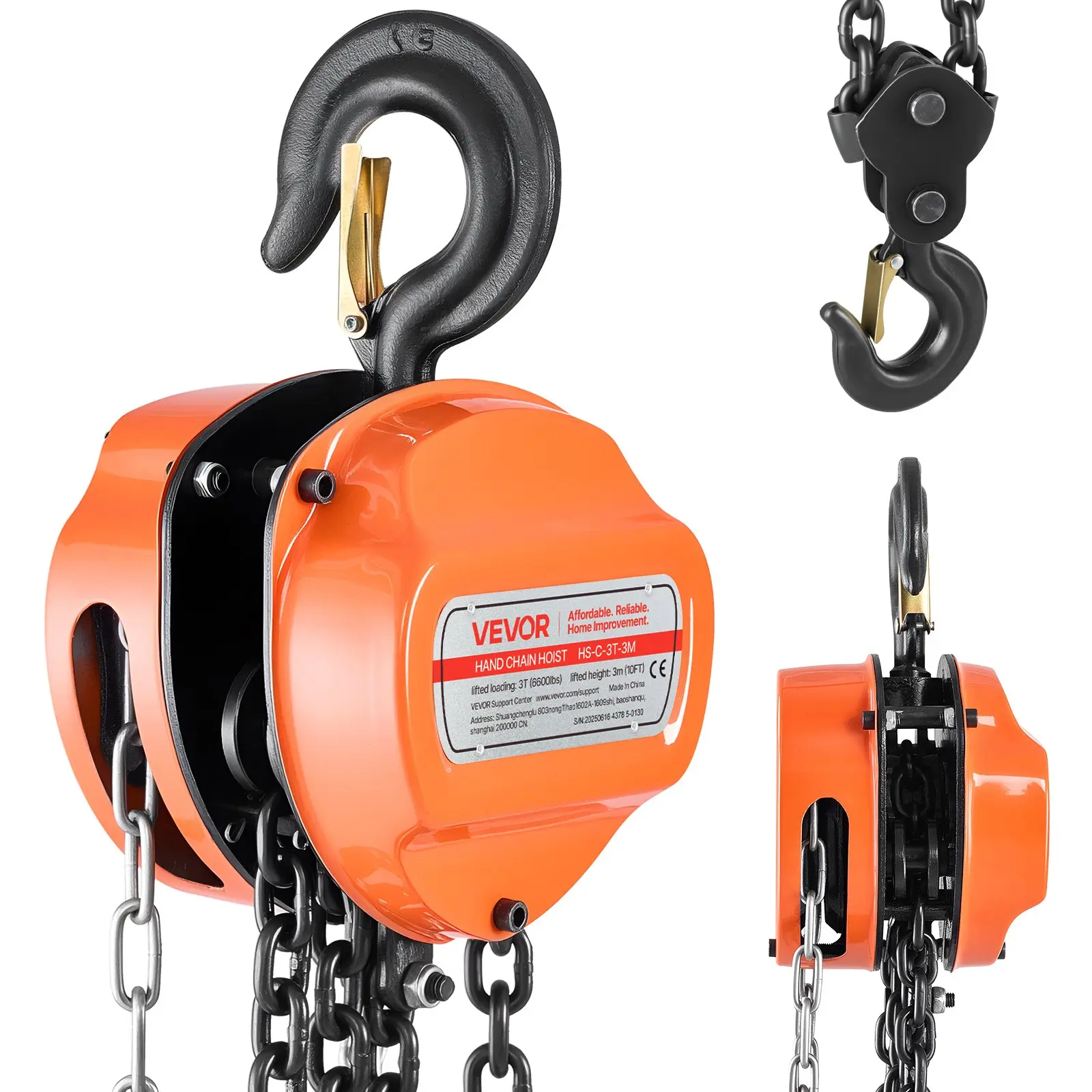 【Summerfinds】VEVOR Hand Chain Hoist, 3 Ton 6600 lbs Capacity, Manual Chain Block with Upgrade G80 Galvanized Chain, 10 ft Lifting Height, Heavy Duty Pulley Hoist for Garage Warehouse Automotive Machinery, Orange