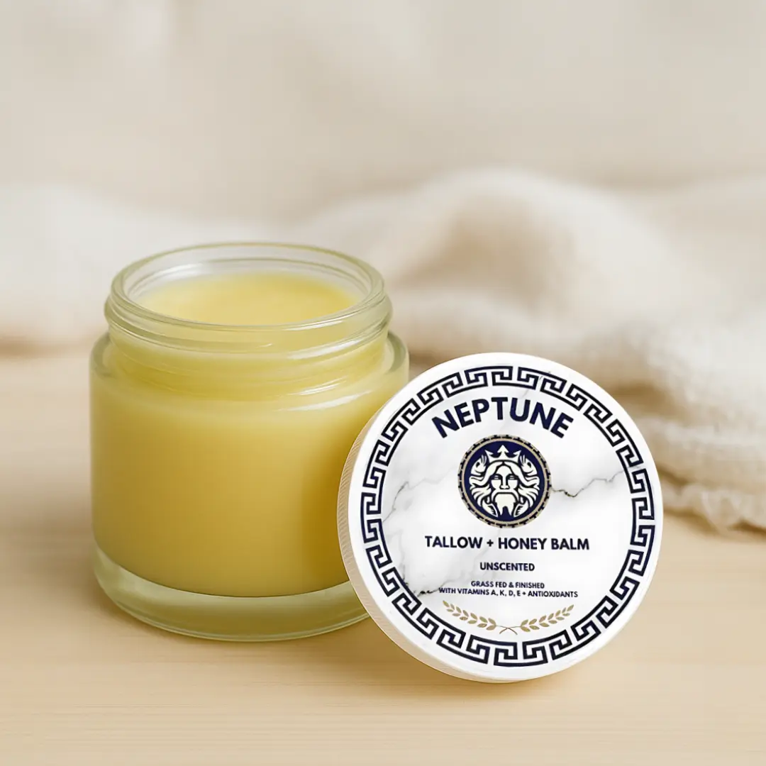 Tallow & Honey Anti-Aging Balm by Neptune - With 850+ MGO Manuka Honey, Grass Fed/Finished with Vitamins A, K, D, & E, Cold Pressed Extra Virgin Olive Oil, Beeswax, Manuka Honey, Natural Ingredients. Hydrating Soothing Face Moisturizer, Eczema