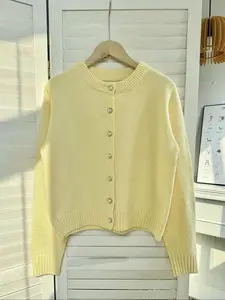 Women's Solid Color Button Cardigan, Casual Long Sleeve Round Neck Knitwear for Fall & Winter, Women's Knit Clothing for Daily Wear, Tops, Knitting, Womenswear