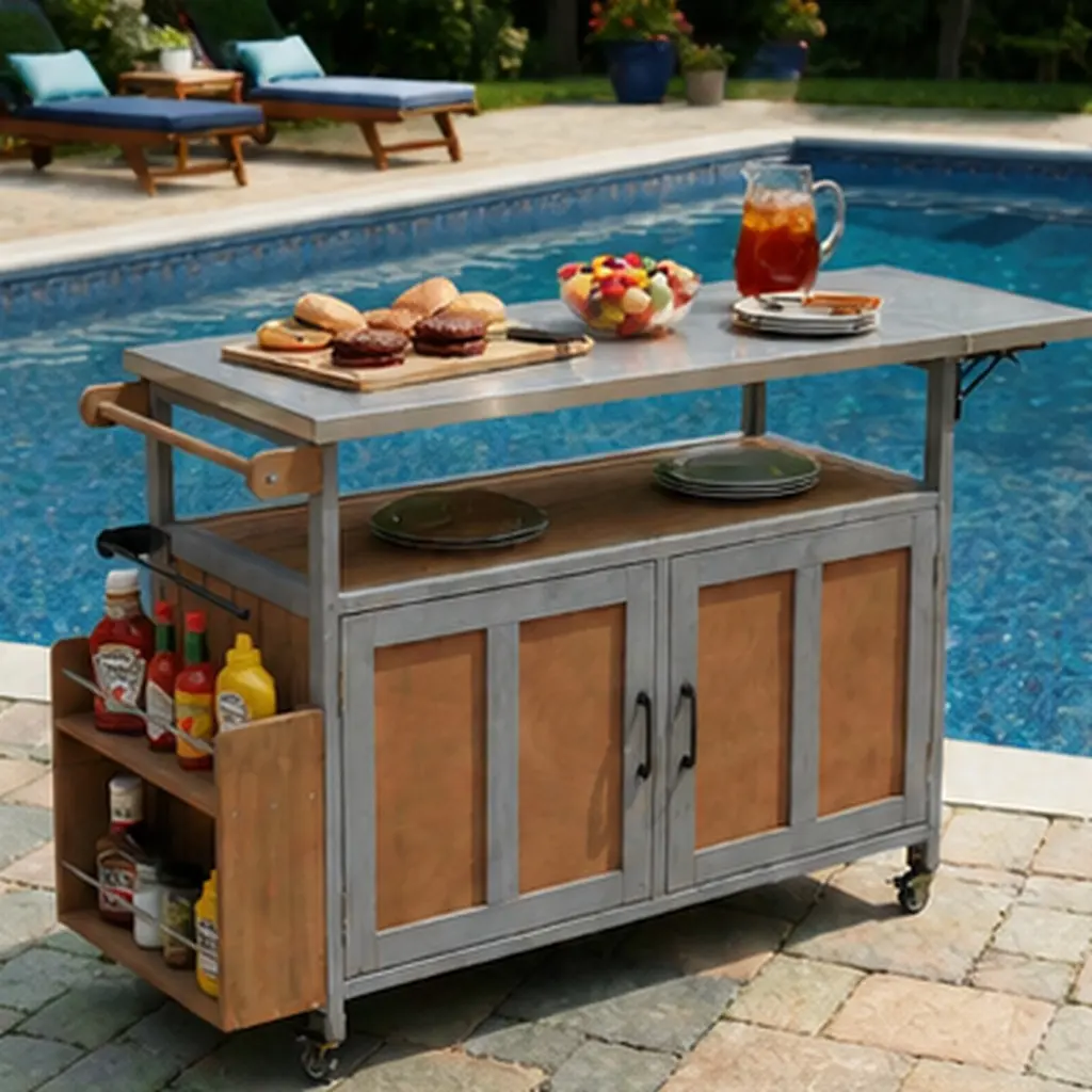 Foldable Outdoor Kitchen Island Cart with Lockable Wheels, Storage Cabinet, Towel Rack, Stainless Steel Top, Fir Wood Frame, Espresso/Grey, for Patio Garden BBQ, Espresso/Grey Color Options, Wood + Stainless Steel Material, American Design Style