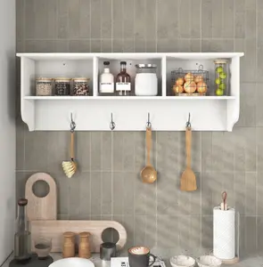 Minimalist White Wall Shelf with Hooks, Multi-Functional Kitchen Storage Rack for Utensils & Accessories
