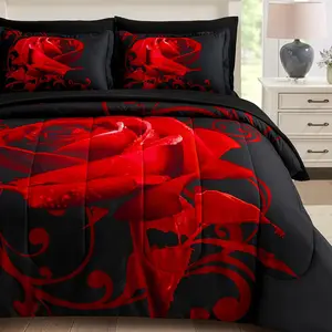 Red Comforter Set , Reversible Red Rose 7 count Bed in a Bag, Lightweight Soft Microfiber  Sets with Comforter, Flat Sheet, Fitted Sheet, Pillowcases & Shams