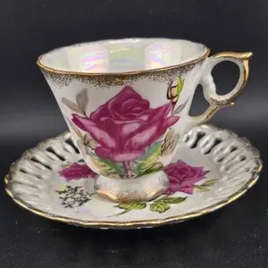 Inarco Tea Cup E-1052 Saucer E-1662 Lusterware Roses Reticulated Edge Japan