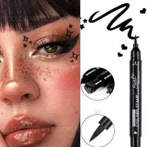 2 In 1 Black Liquid Eyeliner Double-head Moon Stamp Eye Liner Pencil Quick Dry Non-Smudge Waterproof Long-lasting Easy to Use Eye Makeup Cosmetics