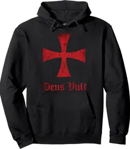 Deus Vult Crusader Hoodie, Knights Templar Cross Pullover, Medieval Faith Warrior Aesthetic, Bold Religious Streetwear, Men Gift, Women Gift