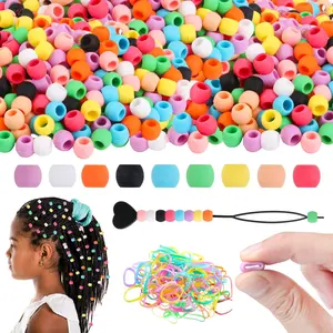 300 Small  Hair Beads for Girls Women, 7*5mm Colorful Soft Mini  Beads for Braids, Bracelet, DIY Crafts, Ornament, Plastic Quick Beader for Hair Braid, 50 Elastic Rubber Bands