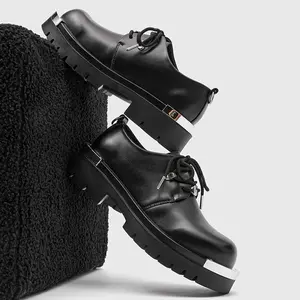 Men's black genuine leather thick soled derby shoes, round headed silver metal decorated coarse toothed large soled lace up shoes, dark and trendy style suitable for formal multi scene street scenes
