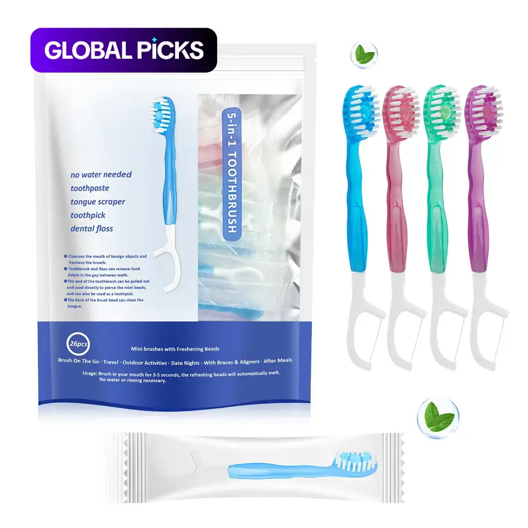 5 in 1 Toothbrush & Floss & Tongue Scraper & Toothpick Set, 26pcs/pack Soft Bristles Toothbrush Set, Oral Care Tool for Travel, Business Trip, Teeth Cleaning Kit