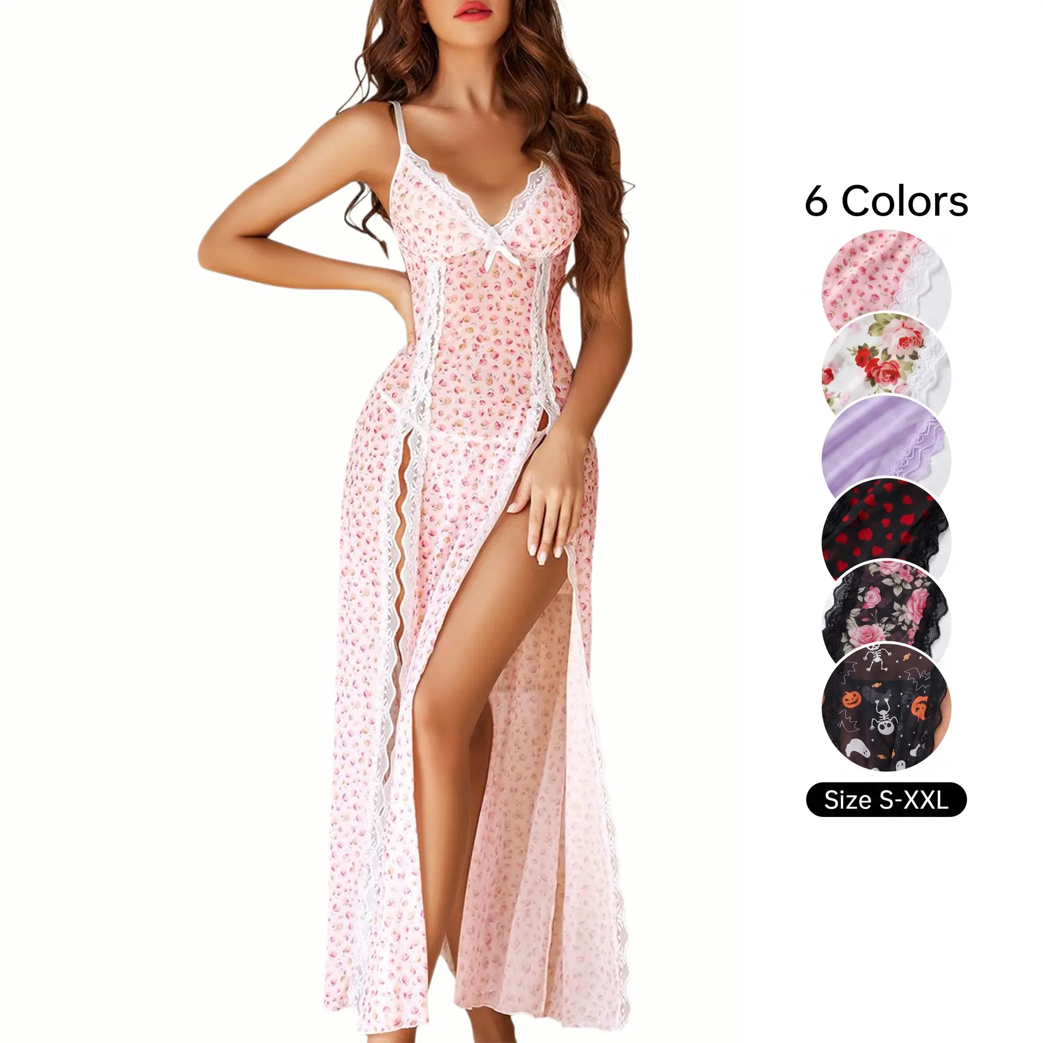 Avidlove Women's Lace Nightgown - Floral Mesh Chemise with V-Neck & Side Splits - Fitted Loungewear for Comfortable Wear - Soft Lightweight Lingerie All-Season Loungewear