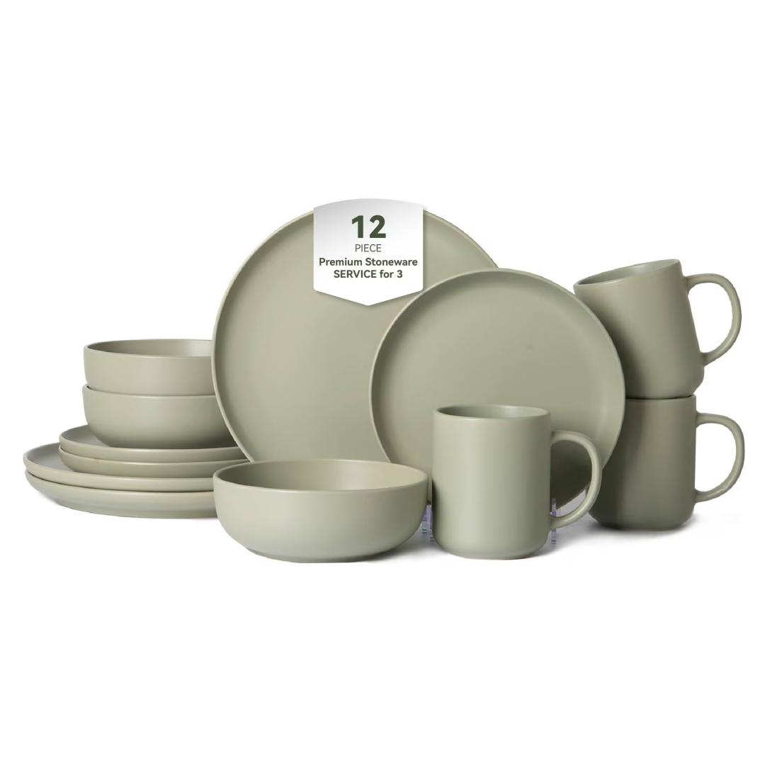 12-Piece Stoneware Dinnerware Sets With Mugs  Microwave & Dishwasher Safe  Non-Toxic Dinner Plates Bowls Set   Stackable Matte Glaze Kitchenware For 3