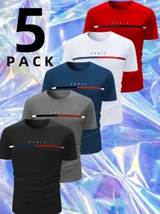 Men's Moisture-Wicking Fitted Short Sleeve T-Shirts, Paris Letter Print & Striped Collar, 5 Colors, Summer Outdoor Beach Training Sporty Casual Wear